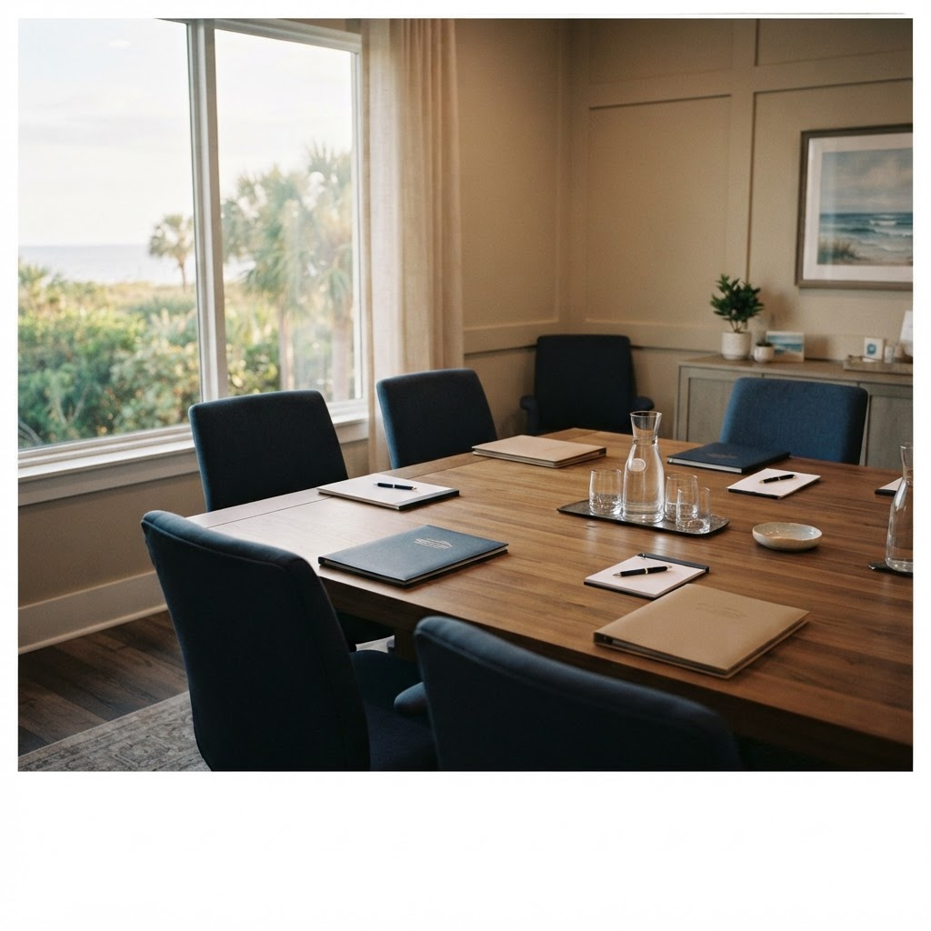 Quiet professional title office with a closing table